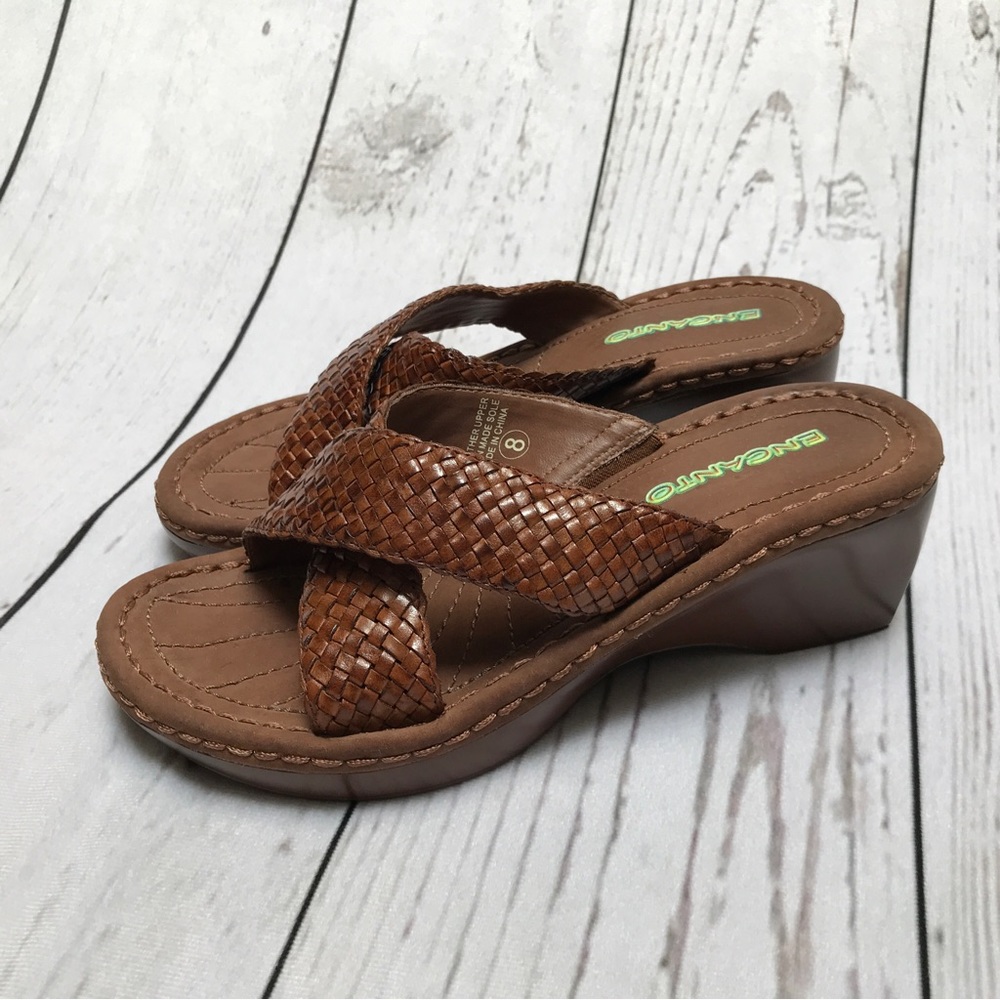 Y2K Vintage Encanto Brown Leather Platform Wedge Slides SZ 8